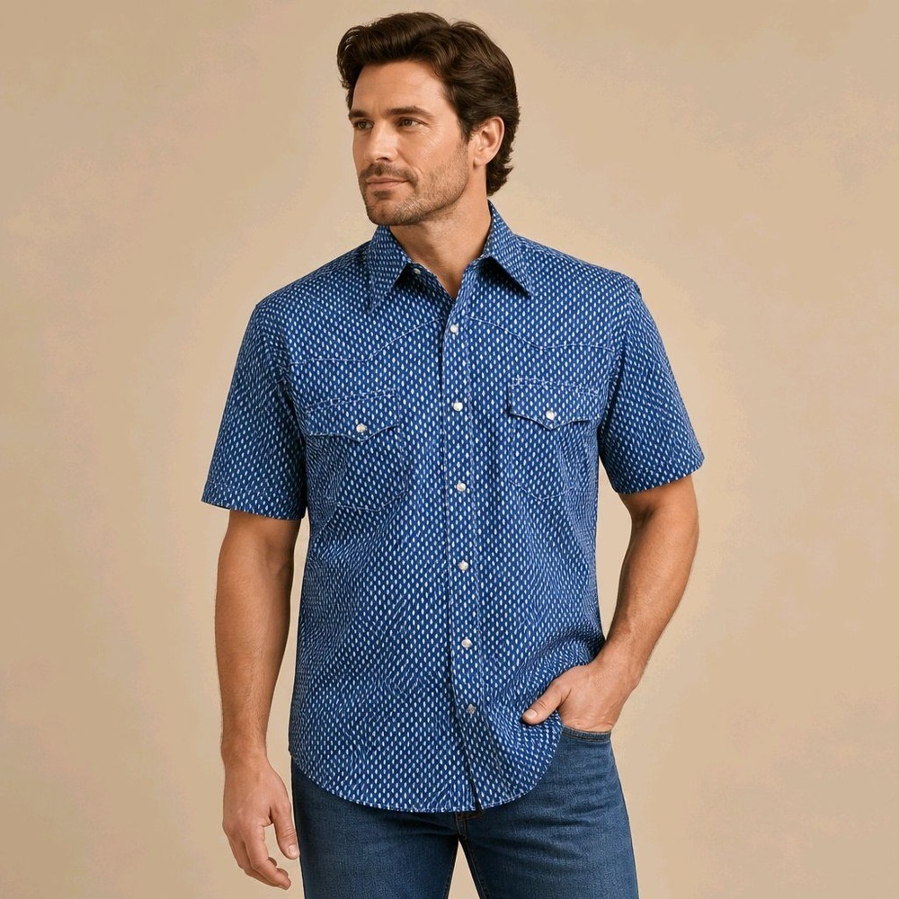 Wrangler Large Blue Geometric Short Sleeve Wrancher Western Pearl Snap Shirt